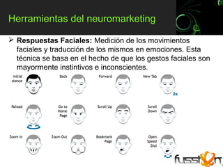 Herramientas del neuromarketing

 Respuestas Faciales: Medición de los movimientos
  faciales y traducción de los mismos en emociones. Esta
  técnica se basa en el hecho de que los gestos faciales son
  mayormente instintivos e inconscientes.
 