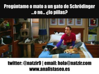 Pregúntame o mato a un gato de Schrödinger
…o no… ¿lo pillas?
twitter: @natzir9 | email: hola@natzir.com
www.analistaseo.es
 