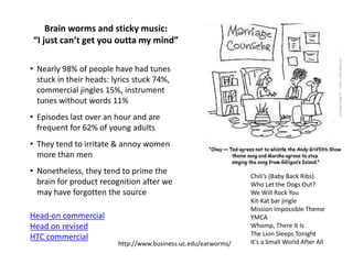 Brain worms and sticky music:
“I just can’t get you outta my mind”
• Nearly 98% of people have had tunes
stuck in their heads: lyrics stuck 74%,
commercial jingles 15%, instrument
tunes without words 11%
• Episodes last over an hour and are
frequent for 62% of young adults
• They tend to irritate & annoy women
more than men
• Nonetheless, they tend to prime the
brain for product recognition after we
may have forgotten the source
http://www.business.uc.edu/earworms/
Chili’s (Baby Back Ribs)
Who Let the Dogs Out?
We Will Rock You
Kit-Kat bar jingle
Mission Impossible Theme
YMCA
Whomp, There It Is
The Lion Sleeps Tonight
It’s a Small World After All
Head-on commercial
Head on revised
HTC commercial
 