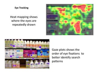 Eye Tracking
Heat mapping shows
where the eyes are
repeatedly drawn
Gaze plots shows the
order of eye fixations to
better identify search
patterns
 