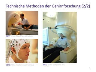Technische Methoden der Gehirnforschung (2/2)
fMRT (Foto: Max Planck Institut)
EEG (Foto: Apotheken Umschau) MEG (Foto: Wikipedia.de)
21
 