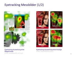 Eyetracking Messbilder
Eyetracking-Auswertung einer Anzeige
(Foto: humanfactors.com)
Eyetracking-Auswertung einer
Magazinseite
(Foto: usableworld.com.au/) 25
 