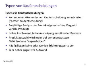Bedeutung für das Marketing (2/2)
 Höhe des Preises ist nicht zwingend ausschlaggebend
– Angler beschäftigt sich z.B. intensiv mit der Wahl des richtigen Hakens
(extensive Kaufentscheidung)
– z.B. Erfahrungsberichte auch bei niedrigpreisigen Produkten einsetzen
 Insbesondere extensive und impulsive Kaufentscheidungen
können durch emotionale Aktivierung des Verbrauchers
positiv beeinflusst werden
Vgl. Pispers und Dabrowski 2011
39
 