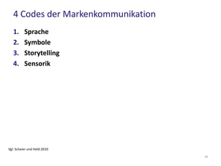 2. Symbole
 kommunizieren Botschaften besonders schnell
 Menschen reagieren automatisch auf Symbole
– Grüne Ampel: Gas geben
 Symbole kommunizieren direkt mit dem Autopiloten
Symbole in der Markenkommunikation
 Markenlogo
 Menschen oder Tiere
 Berge
 Dreimaster (Beck‘s)
 Stiere (Red Bull)
Vgl. Scheier und Held 2010
48
 