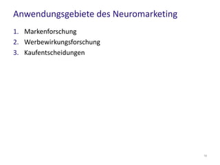 Anwendungsgebiete des Neuromarketing
1. Markenforschung
2. Werbewirkungsforschung
3. Kaufentscheidungen
18
 