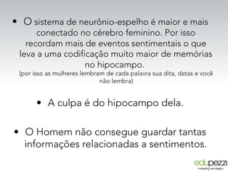 •  O sistema de neurônio-espelho é maior e mais
conectado no cérebro feminino. Por isso
recordam mais de eventos sentimentais o que
leva a uma codificação muito maior de memórias
no hipocampo.
(por isso as mulheres lembram de cada palavra sua dita, datas e você
não lembra)
•  A culpa é do hipocampo dela.
•  O Homem não consegue guardar tantas
informações relacionadas a sentimentos.
 
