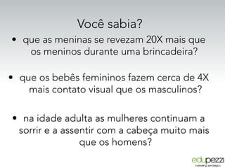 Você sabia?
•  que as meninas se revezam 20X mais que
os meninos durante uma brincadeira?
•  que os bebês femininos fazem cerca de 4X
mais contato visual que os masculinos?
•  na idade adulta as mulheres continuam a
sorrir e a assentir com a cabeça muito mais
que os homens?
 