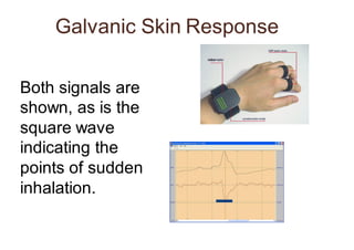 Galvanic Skin Response
Both signals are
shown, as is the
square wave
indicating the
points of sudden
inhalation.
 