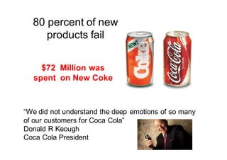 80 percent of new
products fail
“We did not understand the deep emotions of so many
of our customers for Coca Cola”
Donald R Keough
Coca Cola President
$72 Million was
spent on New Coke
 