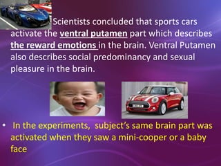 • Scientists concluded that sports cars
activate the ventral putamen part which describes
the reward emotions in the brain. Ventral Putamen
also describes social predominancy and sexual
pleasure in the brain.
• In the experiments, subject’s same brain part was
activated when they saw a mini-cooper or a baby
face
 