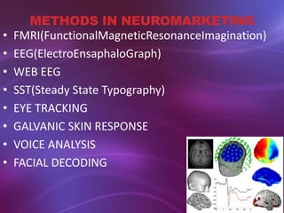 METHODS IN NEUROMARKETING
• FMRI(FunctionalMagneticResonanceImagination)
• EEG(ElectroEnsaphaloGraph)
• WEB EEG
• SST(Steady State Typography)
• EYE TRACKING
• GALVANIC SKIN RESPONSE
• VOICE ANALYSIS
• FACIAL DECODING
 