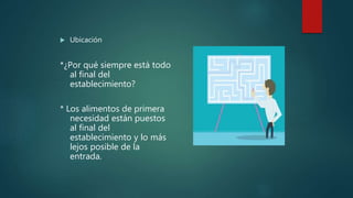 Ubicación
*¿Por qué siempre está todo
al final del
establecimiento?
* Los alimentos de primera
necesidad están puestos
al final del
establecimiento y lo más
lejos posible de la
entrada.
 