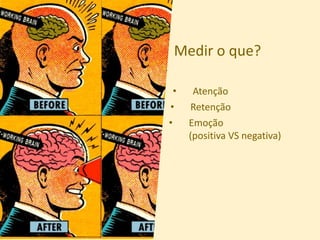 Medir o que?
• Atenção
• Retenção
• Emoção
(positiva VS negativa)
 