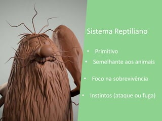 Sistema Reptiliano
• Primitivo
• Semelhante aos animais
• Foco na sobrevivência
• Instintos (ataque ou fuga)
 