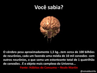 @reinaldocirilo
Você sabia?
O cérebro pesa aproximadamente 1,5 kg...tem cerca de 100 bilhões
de neurônios, cada um fazendo uma média de 10 mil conexões com
outros neurônios, o que soma um estonteante total de 1 quatrilhão
de conexões . É o objeto mais complexo do Universo...
Fonte: Hábitos de Consumo – Neale Martin
 