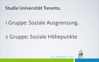 Der Lebensthemen-Trainer
Studie Universität Toronto.
1 Gruppe: Soziale Ausgrenzung.
2 Gruppe: Soziale Höhepunkte
 