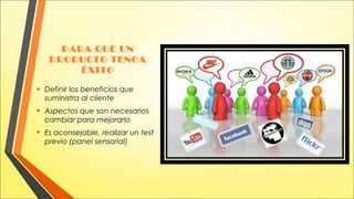 PARA QUE UN
PRODUCTO TENGA
ÉXITO

•

Definir los beneficios que
suministra al cliente

•

Aspectos que son necesarios
cambiar para mejorarlo

•

Es aconsejable, realizar un test
previo (panel sensorial)

 