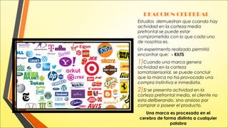 REACCION CEREBRAL
Estudios demuestran que cuando hay
actividad en la corteza media
prefrontal se puede estar
comprometido con lo que cada uno
de nosotros es.
Un experimento realizado permitió
encontrar que: - KILTS

1)Cuando una marca genera

actividad en la corteza
somatosensorial, se puede concluir
que la marca no ha provocado una
compra instintiva e inmediata.

2)Si se presenta actividad en la

corteza prefrontal media, el cliente no
esta deliberando, sino ansioso por
comprar o poseer el producto.
Una marca es procesada en el
cerebro de forma distinta a cualquier
palabra

 