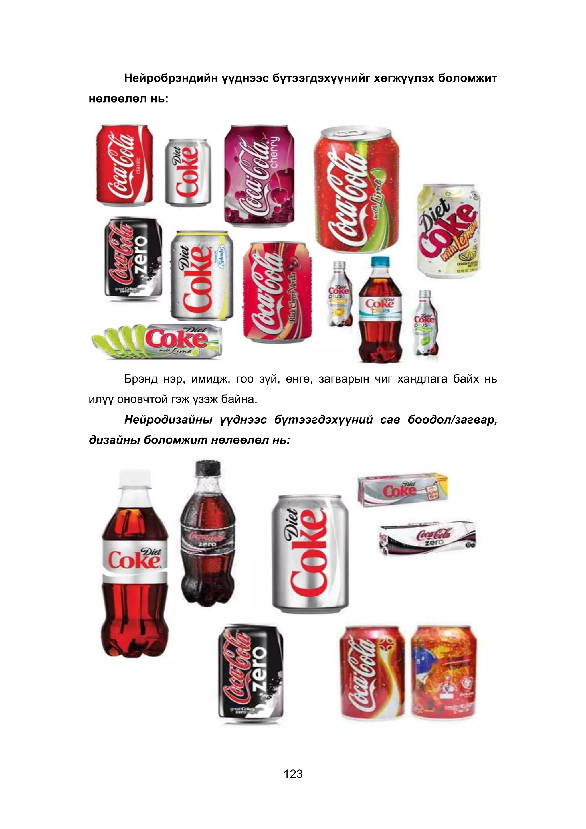 123
Нейробрэндийн үүднээс бүтээгдэхүүнийг хөгжүүлэх боломжит
нөлөөлөл нь:
Брэнд нэр, имидж, гоо зүй, өнгө, загварын чиг хандлага байх нь
илүү оновчтой гэж үзэж байна.
Нейродизайны үүднээс бүтээгдэхүүний сав боодол/загвар,
дизайны боломжит нөлөөлөл нь:
 