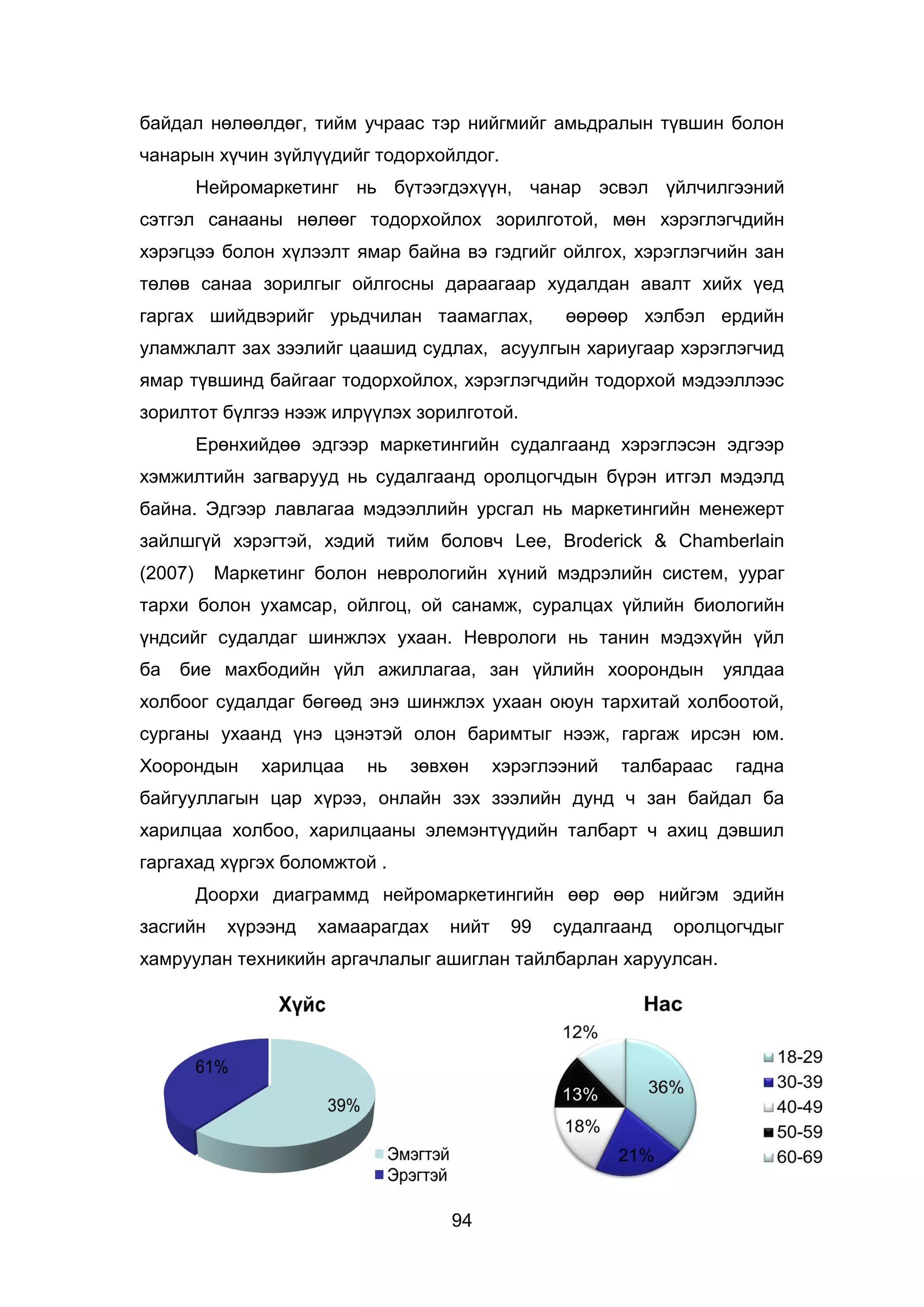 94
байдал нөлөөлдөг, тийм учраас тэр нийгмийг амьдралын түвшин болон
чанарын хүчин зүйлүүдийг тодорхойлдог.
Нейромаркетинг нь бүтээгдэхүүн, чанар эсвэл үйлчилгээний
сэтгэл санааны нөлөөг тодорхойлох зорилготой, мөн хэрэглэгчдийн
хэрэгцээ болон хүлээлт ямар байна вэ гэдгийг ойлгох, хэрэглэгчийн зан
төлөв санаа зорилгыг ойлгосны дараагаар худалдан авалт хийх үед
гаргах шийдвэрийг урьдчилан таамаглах, өөрөөр хэлбэл ердийн
уламжлалт зах зээлийг цаашид судлах, асуулгын хариугаар хэрэглэгчид
ямар түвшинд байгааг тодорхойлох, хэрэглэгчдийн тодорхой мэдээллээс
зорилтот бүлгээ нээж илрүүлэх зорилготой.
Ерөнхийдөө эдгээр маркетингийн судалгаанд хэрэглэсэн эдгээр
хэмжилтийн загварууд нь судалгаанд оролцогчдын бүрэн итгэл мэдэлд
байна. Эдгээр лавлагаа мэдээллийн урсгал нь маркетингийн менежерт
зайлшгүй хэрэгтэй, хэдий тийм боловч Lee, Broderick & Chamberlain
(2007) Маркетинг болон неврологийн хүний мэдрэлийн систем, уураг
тархи болон ухамсар, ойлгоц, ой санамж, суралцах үйлийн биологийн
үндсийг судалдаг шинжлэх ухаан. Неврологи нь танин мэдэхүйн үйл
ба бие махбодийн үйл ажиллагаа, зан үйлийн хоорондын уялдаа
холбоог судалдаг бөгөөд энэ шинжлэх ухаан оюун тархитай холбоотой,
сурганы ухаанд үнэ цэнэтэй олон баримтыг нээж, гаргаж ирсэн юм.
Хоорондын харилцаа нь зөвхөн хэрэглээний талбараас гадна
байгууллагын цар хүрээ, онлайн зэх зээлийн дунд ч зан байдал ба
харилцаа холбоо, харилцааны элемэнтүүдийн талбарт ч ахиц дэвшил
гаргахад хүргэх боломжтой .
Доорхи диаграммд нейромаркетингийн өөр өөр нийгэм эдийн
засгийн хүрээнд хамаарагдах нийт 99 судалгаанд оролцогчдыг
хамруулан техникийн аргачлалыг ашиглан тайлбарлан харуулсан.
 