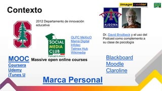 Contexto
2012 Departamento de innovación
educativa
Dr. David Brodbeck y el uso del
Podcast como complemento a
su clase de psicología
MOOC Massive open online courses
Coursera
Udemy
iTunes U
Blackboard
Moodle
Claroline
OLPC MéXicO
Mamá Digital
Infotec
Telmex Hub
Wikimedia
Marca Personal
 