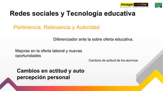Redes sociales y Tecnología educativa
Pertinencia, Relevancia y Autoridad
Diferenciador ante la sobre oferta educativa.
Mejoras en la oferta laboral y nuevas
oportunidades
Cambios de actitud de los alumnos
Cambios en actitud y auto
percepción personal
 