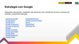 Estrategia con Google
Búsquedas más precisas, resultados más relevantes, gran variedad de servicios y aplicaciones
gratuitas, conocimiento aplicable.
Alertas de Google
Google Books
Google Drive
Google Académico
Youtube académico
Blogger
Google Translate
Grupos de Google
Google Sites
Google Moderator
Google Tasks
Google Bookmarks
Google Cultural Institute
Goo.gl
Zygote Body
SketchUp Pro
 