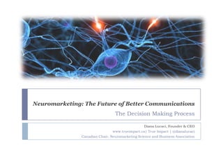 Neuromarketing: The Future of Better Communications
                                 The Decision Making Process

                                                 Diana Lucaci, Founder & CEO
                                www.trueimpact.ca| True Impact | @dianalucaci
               Canadian Chair, Neuromarketing Science and Business Association
 