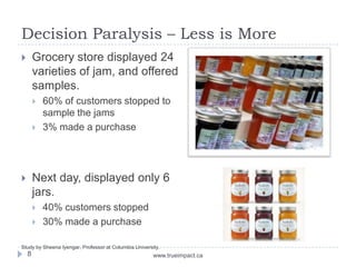 Decision Paralysis – Less is More
       Grocery store displayed 24
        varieties of jam, and offered
        samples.
           60% of customers stopped to
            sample the jams
           3% made a purchase




       Next day, displayed only 6
        jars.
           40% customers stopped
           30% made a purchase

Study by Sheena Iyengar, Professor at Columbia University.
    8                                                  www.trueimpact.ca
 