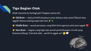 Tiga Bagian Otak
Otak manusia itu terbagi jadi 3 bagian utama nih:
👉 Old Brain — otak primitif, kerjanya cuma: bahaya atau aman? Butuh atau
nggak? Semua insting cepet dari sini ⚡🦎
👉 Middle Brain — pusat perasaan, yang bikin kita ngerasa suka atau nggak ❤
👉 New Brain — bagian yang logis dan penuh pertimbangan. Ini nih yang
biasanya bilang: ‘Cek dulu deh… worth it nggak ya?’ 🤔💭”
 