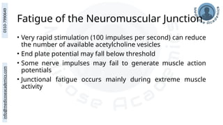 Fatigue of the Neuromuscular Junction
• Very rapid stimulation (100 impulses per second) can reduce
the number of available acetylcholine vesicles
• End plate potential may fall below threshold
• Some nerve impulses may fail to generate muscle action
potentials
• Junctional fatigue occurs mainly during extreme muscle
activity
 