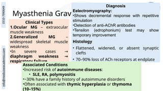 Myasthenia Gravis
Clinical Types
1.Ocular MG – extraocular
muscle weakness
2.Generalized MG –
widespread skeletal muscle
weakness
•In severe cases →
diaphragm weakness →
respiratory failure
Diagnosis
Eelectromyography:
•Shows decremental response with repetitive
stimulation
•Detection of anti-AChR antibodies
•Tensilon (edrophonium) test may show
temporary improvement
Histology
• Flattened, widened, or absent synaptic
clefts
• 70–90% loss of ACh receptors at endplate
Associated Conditions
•Increased risk of autoimmune diseases:
• SLE, RA, polymyositis
•~30% have a family history of autoimmune disorders
•Often associated with thymic hyperplasia or thymoma
(10–15%)
 
