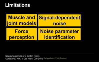 Neuromechanics of a Button Press
Oulasvirta, Kim, & Lee Proc. CHI 2018 bit.do/neuromechanics
Signal-dependent
noise
Muscle...