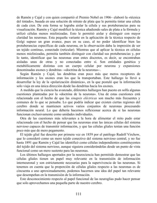 de Ramón y Cajal y con quien compartió el Premio Nobel en 1906– elaboró la «técnica
del tintado», basada en una solución de nitrato de plata que le permitía tintar una célula
de cada cien. De esta forma se lograba aislar la célula y sus protuberancias para su
visualización. Ramón y Cajal modificó la técnica añadiendo sales de plata a la fórmula y
utilizó células menos mielinizadas. Esto le permitió aislar y distinguir con mayor
claridad las neuronas. Esta pequeña variante en la aplicación de la técnica respecto de
Golgi supuso un gran avance, pues en su caso, al no poder identificar bien las
protuberancias específicas de cada neurona, en la observación daba la impresión de ser
un tejido continuo, conectado (reticular). Mientras que al aplicar la técnica en células
menos mielinizadas, permitía también distinguir con claridad sus protuberancias y, por
lo tanto, identificar que las neuronas eran entes discretos, es decir, se encontraban
aisladas unas de otras y no conectadas entre sí. Son entidades genética y
metabólicamente distintas con un cuerpo celular por neurona y expansiones
denominadas axones y dendritas –«doctrina de la neurona»–.
Según Ramón y Cajal, las dendritas eran poco más que meros receptores de
información y los axones eran los que la transportaban. Este hallazgo lo llevó a
desarrollar la ley de la «polarización dinámica», en la que postuló que la información
solo viaja en una única dirección desde las dendritas hacia los axones.
A medida que la ciencia ha avanzado, diferentes hallazgos han puesto en solfa algunas
cuestiones planteadas por la «doctrina de la neurona». Una de estas cuestiones está
relacionada con el hecho de que las sinapsis eléctricas son mucho más frecuentes y
comunes de lo que se pensaba. Lo que podría indicar que existen ciertas regiones del
cerebro donde se mantienen activos varios conjuntos de neuronas procesando
información neural. Lo que debería hacernos reflexionar acerca de si las neuronas
funcionan exclusivamente como unidades individuales.
Otra de las cuestiones más relevantes a la hora de alimentar el mito pudo estar
relacionada con el hecho de pensar que las neuronas eran las únicas células del sistema
nervioso capaces de transmitir información, y que las células gliales tenían una función
poco más que de mero pegamento.
El tejido glial fue descrito por primera vez en 1859 por el patólogo Rudolf Virchow,
que lo consideró como un mero tejido conectivo del sistema nervioso central, y no fue
hasta 1891 que Ramón y Cajal las identificó como células independientes constituyentes
del tejido del sistema nervioso, aunque siguiera considerándolas desde un punto de vista
funcional como un mero sustento para las neuronas.
Los últimos hallazgos aportados por la neurociencia han permitido demostrar que las
células gliales tienen un papel muy relevante en la transmisión de información
interneuronal y son estrictamente necesarias para la supervivencia de las neuronas. Si
tenemos en cuenta que la proporción de células gliales respecto a las neuronas es de
cincuenta a uno aproximadamente, podemos hacernos una idea del papel tan relevante
que desempeñan en la transmisión de la información.
Este desconocimiento respecto al papel funcional de las neuroglias pudo hacer pensar
que solo aprovechamos una pequeña parte de nuestro cerebro.
111
 