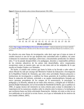Figura 9. Número de artículos sobre el efecto Mozart (periodo 1994- 2009)
Fuente: http://cogpsy.info/intelligence/the-mozart-effect-revisted/>. Llama la atención que el mayor aumento
en el número de publicaciones coincida con los años de mayor impacto del efecto Mozart en el comercio y en la
política.
En relación con estas líneas de investigación, cabe decir aquí que el tema en torno al
cerebro musical es uno de los que despierta más curiosidad entre el público, tal como
evidencian los numerosos reportajes, entrevistas y documentales producidos los últimos
años. Y no ha pasado desapercibido a los pedagogos, docentes y responsables políticos
de los sistemas educativos de los países más desarrollados, salvo vergonzantes
excepciones como en nuestro país, que en este tema está en las antípodas de lo que
sucede en Estados Unidos o en Alemania.
De hecho, el estudio más extenso que hasta la fecha se ha llevado a cabo sobre el
efecto Mozart ha sido por encargo del Ministerio Federal de Educación e Investigación
de la República Federal de Alemania, que entre otras actividades financia proyectos e
instituciones de investigación y establece las líneas generales de la política educativa.
Hasta la redacción del informe, solicitado a un equipo interdisciplinario formado por
nueve personas procedentes de los campos de la neurociencia, la psicología, la
pedagogía y la filosofía, además de ser todos ellos músicos, y dirigido por el filósofo y
pianista Ralph Schumacher, de la Universidad de Humboldt de Berlín, que se publicó en
2006, el equipo técnico del ministerio no tenía criterios para evaluar la idoneidad y la
importancia de los numerosos estudios sobre la relación entre la música y la inteligencia
que recibieron hasta esa fecha solicitando financiación. Además, tal como se dice en un
post publicado en la web de la revista Nature, en el que se informaba de los motivos de
este estudio (Abbott, 2007),
141
 