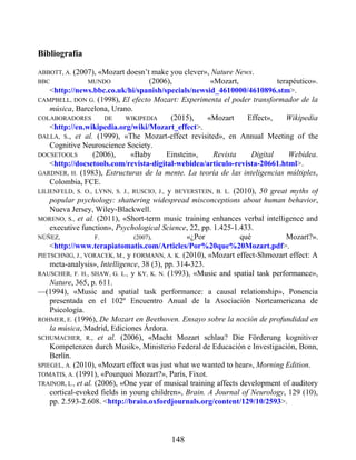 Bibliografía
ABBOTT, A. (2007), «Mozart doesn’t make you clever», Nature News.
BBC MUNDO (2006), «Mozart, terapéutico».
<http://news.bbc.co.uk/hi/spanish/specials/newsid_4610000/4610896.stm>.
CAMPBELL, DON G. (1998), El efecto Mozart: Experimenta el poder transformador de la
música, Barcelona, Urano.
COLABORADORES DE WIKIPEDIA (2015), «Mozart Effect», Wikipedia
<http://en.wikipedia.org/wiki/Mozart_effect>.
DALLA, S., et al. (1999), «The Mozart-effect revisited», en Annual Meeting of the
Cognitive Neuroscience Society.
DOCSETOOLS (2006), «Baby Einstein», Revista Digital Webidea.
<http://docsetools.com/revista-digital-webidea/articulo-revista-20661.html>.
GARDNER, H. (1983), Estructuras de la mente. La teoría de las inteligencias múltiples,
Colombia, FCE.
LILIENFELD, S. O., LYNN, S. J., RUSCIO, J., y BEYERSTEIN, B. L. (2010), 50 great myths of
popular psychology: shattering widespread misconceptions about human behavior,
Nueva Jersey, Wiley-Blackwell.
MORENO, S., et al. (2011), «Short-term music training enhances verbal intelligence and
executive function», Psychological Science, 22, pp. 1.425-1.433.
NÚÑEZ, F. (2007), «¿Por qué Mozart?».
<http://www.terapiatomatis.com/Articles/Por%20que%20Mozart.pdf>.
PIETSCHNIG, J., VORACEK, M., y FORMANN, A. K. (2010), «Mozart effect-Shmozart effect: A
meta-analysis», Intelligence, 38 (3), pp. 314-323.
RAUSCHER, F. H., SHAW, G. L., y KY, K. N. (1993), «Music and spatial task performance»,
Nature, 365, p. 611.
—(1994), «Music and spatial task performance: a causal relationship», Ponencia
presentada en el 102º Encuentro Anual de la Asociación Norteamericana de
Psicología.
ROHMER, E. (1996), De Mozart en Beethoven. Ensayo sobre la noción de profundidad en
la música, Madrid, Ediciones Árdora.
SCHUMACHER, R., et al. (2006), «Macht Mozart schlau? Die Förderung kognitiver
Kompetenzen durch Musik», Ministerio Federal de Educación e Investigación, Bonn,
Berlín.
SPIEGEL, A. (2010), «Mozart effect was just what we wanted to hear», Morning Edition.
TOMATIS, A. (1991), «Pourquoi Mozart?», París, Fixot.
TRAINOR, L., et al. (2006), «One year of musical training affects development of auditory
cortical-evoked fields in young children», Brain. A Journal of Neurology, 129 (10),
pp. 2.593-2.608. <http://brain.oxfordjournals.org/content/129/10/2593>.
148
 