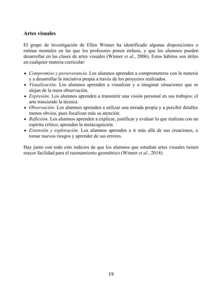 Artes visuales
El grupo de investigación de Ellen Winner ha identificado algunas disposiciones o
rutinas mentales en las que los profesores ponen énfasis, y que los alumnos pueden
desarrollar en las clases de artes visuales (Winner et al., 2006). Estos hábitos son útiles
en cualquier materia curricular:
Compromiso y perseverancia. Los alumnos aprenden a comprometerse con la materia
y a desarrollar la iniciativa propia a través de los proyectos realizados.
Visualización. Los alumnos aprenden a visualizar y a imaginar situaciones que se
alejan de la mera observación.
Expresión. Los alumnos aprenden a transmitir una visión personal en sus trabajos; el
arte trasciende la técnica.
Observación. Los alumnos aprenden a utilizar una mirada propia y a percibir detalles
menos obvios, pues focalizan más su atención.
Reflexión. Los alumnos aprenden a explicar, justificar y evaluar lo que realizan con un
espíritu crítico; aprenden la metacognición.
Extensión y exploración. Los alumnos aprenden a ir más allá de sus creaciones, a
tomar nuevos riesgos y aprender de sus errores.
Hay junto con todo esto indicios de que los alumnos que estudian artes visuales tienen
mayor facilidad para el razonamiento geométrico (Winner et al., 2014).
19
 