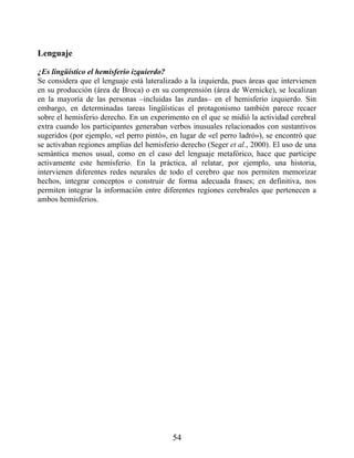 Lenguaje
¿Es lingüístico el hemisferio izquierdo?
Se considera que el lenguaje está lateralizado a la izquierda, pues áreas que intervienen
en su producción (área de Broca) o en su comprensión (área de Wernicke), se localizan
en la mayoría de las personas –incluidas las zurdas– en el hemisferio izquierdo. Sin
embargo, en determinadas tareas lingüísticas el protagonismo también parece recaer
sobre el hemisferio derecho. En un experimento en el que se midió la actividad cerebral
extra cuando los participantes generaban verbos inusuales relacionados con sustantivos
sugeridos (por ejemplo, «el perro pintó», en lugar de «el perro ladró»), se encontró que
se activaban regiones amplias del hemisferio derecho (Seger et al., 2000). El uso de una
semántica menos usual, como en el caso del lenguaje metafórico, hace que participe
activamente este hemisferio. En la práctica, al relatar, por ejemplo, una historia,
intervienen diferentes redes neurales de todo el cerebro que nos permiten memorizar
hechos, integrar conceptos o construir de forma adecuada frases; en definitiva, nos
permiten integrar la información entre diferentes regiones cerebrales que pertenecen a
ambos hemisferios.
54
 