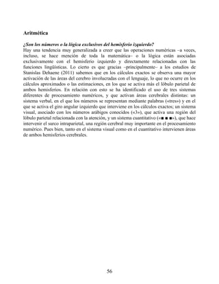 Aritmética
¿Son los números o la lógica exclusivos del hemisferio izquierdo?
Hay una tendencia muy generalizada a creer que las operaciones numéricas –a veces,
incluso, se hace mención de toda la matemática– o la lógica están asociadas
exclusivamente con el hemisferio izquierdo y directamente relacionadas con las
funciones lingüísticas. Lo cierto es que gracias –principalmente– a los estudios de
Stanislas Dehaene (2011) sabemos que en los cálculos exactos se observa una mayor
activación de las áreas del cerebro involucradas con el lenguaje, lo que no ocurre en los
cálculos aproximados o las estimaciones, en los que se activa más el lóbulo parietal de
ambos hemisferios. En relación con esto se ha identificado el uso de tres sistemas
diferentes de procesamiento numéricos, y que activan áreas cerebrales distintas: un
sistema verbal, en el que los números se representan mediante palabras («tres») y en el
que se activa el giro angular izquierdo que interviene en los cálculos exactos; un sistema
visual, asociado con los números arábigos conocidos («3»), que activa una región del
lóbulo parietal relacionada con la atención, y un sistema cuantitativo («■ ■ ■»), que hace
intervenir el surco intraparietal, una región cerebral muy importante en el procesamiento
numérico. Pues bien, tanto en el sistema visual como en el cuantitativo intervienen áreas
de ambos hemisferios cerebrales.
56
 