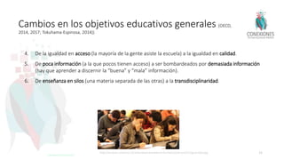 Cambios en los objetivos educativos generales (OECD,
2014, 2017; Tokuhama-Espinosa, 2014))
4. De la igualdad en acceso (la mayoría de la gente asiste la escuela) a la igualdad en calidad.
5. De poca información (a la que pocos tienen acceso) a ser bombardeados por demasiada información
(hay que aprender a discernir la “buena” y “mala” información).
6. De enseñanza en silos (una materia separada de las otras) a la transdisciplinaridad.
http://servicios.universia.cl/contenidos/newsletter/informativos/otros/2015/gratuidad.jpg 15
Tokuhama-Espinosa 2017
 