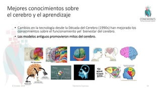 Mejores conocimientos sobre
el cerebro y el aprendizaje
• Cambios en la tecnología desde la Década del Cerebro (1990s) han mejorado los
conocimientos sobre el funcionamiento yel bienestar del cerebro.
• Los modelos antiguos promovieron mitos del cerebro.
8 October 2018 Tokuhama-Espinosa 19
 