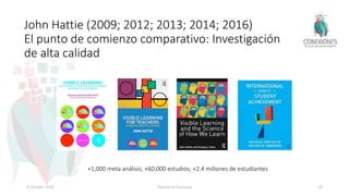John Hattie (2009; 2012; 2013; 2014; 2016)
El punto de comienzo comparativo: Investigación
de alta calidad
+1,000 meta análisis; +60,000 estudios; +2.4 millones de estudiantes
8 October 2018 Tokuhama-Espinosa 29
 
