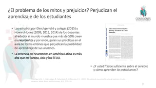 ¿El problema de los mitos y prejuicios? Perjudican el
aprendizaje de los estudiantes
• Los estudios por Gleichgerrcht y colegas (2015) y
Howard-Jones (2009, 2012, 2014) de los docentes
alrededor el mundo muestra que más de 50% creen
en neuromitos y por ende, guían sus prácticas en el
aula de forma errónea que perjudican la posibilidad
de aprendizaje de sus alumnos.
• La creencia en neuromitos en América Latina es más
alta que en Europa, Asia y los EEUU.
• ¿Y usted? Sabe suficiente sobre el cerebro
y cómo aprenden los estudiantes?
37
Gleichgerrcht, E., Lira Luttges, B., Salvarezza, F., & Campos, A. L. (2015). Educational neuromyths among teachers in Latin
America. Mind, Brain, and Education, 9(3), 170-178.
 