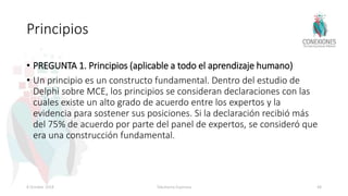 Principios
• PREGUNTA 1. Principios (aplicable a todo el aprendizaje humano)
• Un principio es un constructo fundamental. Dentro del estudio de
Delphi sobre MCE, los principios se consideran declaraciones con las
cuales existe un alto grado de acuerdo entre los expertos y la
evidencia para sostener sus posiciones. Si la declaración recibió más
del 75% de acuerdo por parte del panel de expertos, se consideró que
era una construcción fundamental.
8 October 2018 Tokuhama-Espinosa 48
 