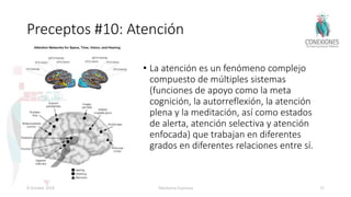 Preceptos #10: Atención
• La atención es un fenómeno complejo
compuesto de múltiples sistemas
(funciones de apoyo como la meta
cognición, la autorreflexión, la atención
plena y la meditación, así como estados
de alerta, atención selectiva y atención
enfocada) que trabajan en diferentes
grados en diferentes relaciones entre sí.
8 October 2018 Tokuhama-Espinosa 72
 