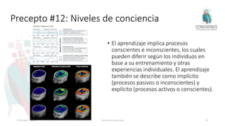 Precepto #12: Niveles de conciencia
• El aprendizaje implica procesos
conscientes e inconscientes, los cuales
pueden diferir según los individuos en
base a su entrenamiento y otras
experiencias individuales. El aprendizaje
también se describe como implícito
(procesos pasivos o inconscientes) y
explícito (procesos activos o conscientes).
8 October 2018 Tokuhama-Espinosa 74
 