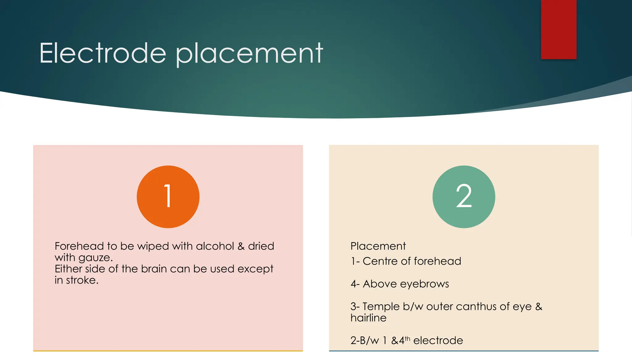 Electrode placement
Forehead to be wiped with alcohol & dried
with gauze.
Either side of the brain can be used except
in stroke.
1
Placement
1- Centre of forehead
4- Above eyebrows
3- Temple b/w outer canthus of eye &
hairline
2-B/w 1 &4th
electrode
2
 