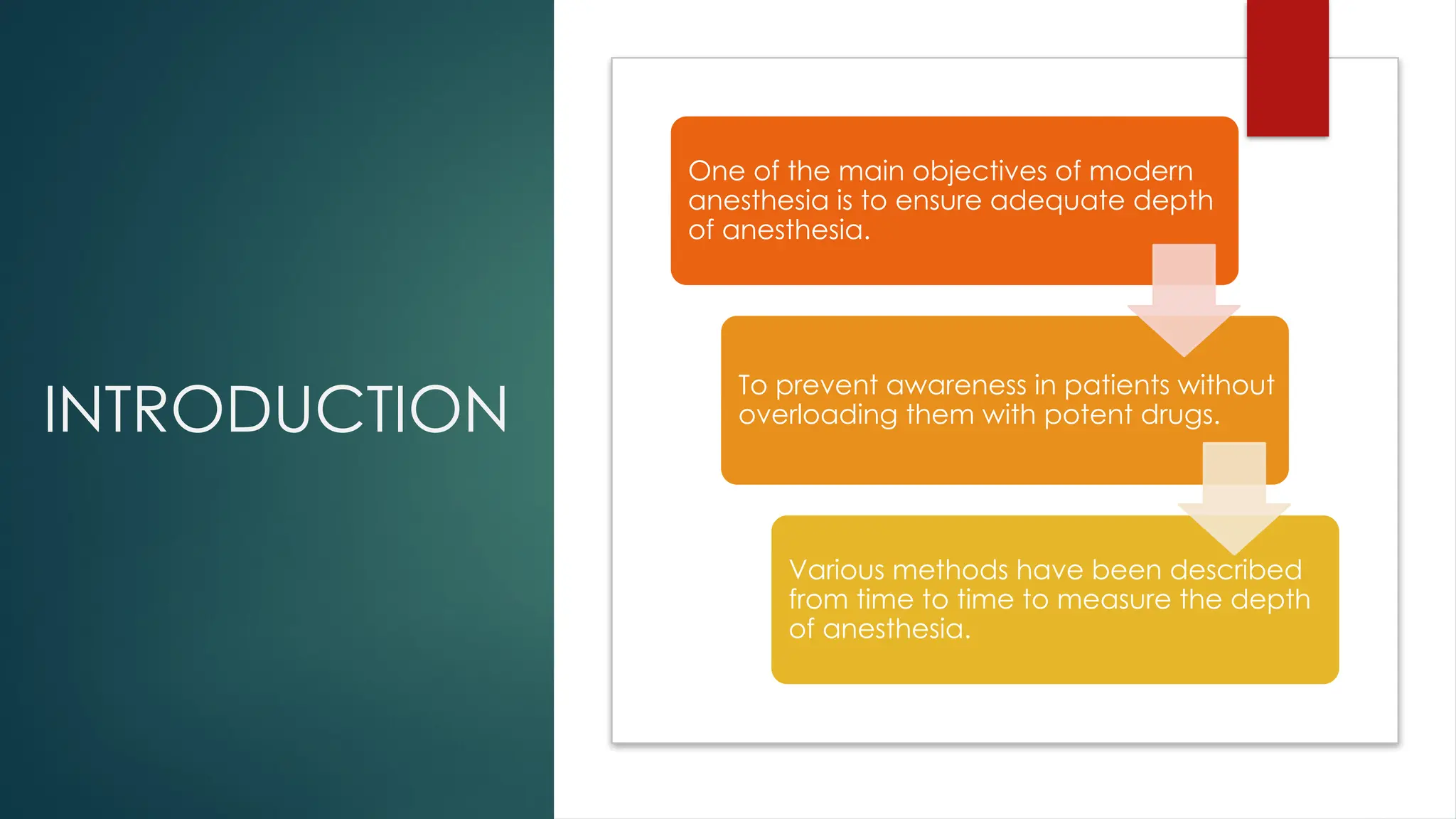 INTRODUCTION
One of the main objectives of modern
anesthesia is to ensure adequate depth
of anesthesia.
To prevent awareness in patients without
overloading them with potent drugs.
Various methods have been described
from time to time to measure the depth
of anesthesia.
 