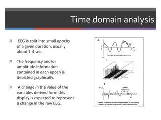 Time domain analysis
 EEG is split into small epochs
of a given duration, usually
about 1-4 sec.
 The frequency and/or
amplitude information
contained in each epoch is
depicted graphically.
 A change in the value of the
variables derived form this
display is expected to represent
a change in the raw EEG.
 