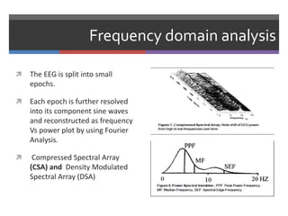 Frequency domain analysis
 The EEG is split into small
epochs.
 Each epoch is further resolved
into its component sine waves
and reconstructed as frequency
Vs power plot by using Fourier
Analysis.
 Compressed Spectral Array
(CSA) and Density Modulated
Spectral Array (DSA)
 